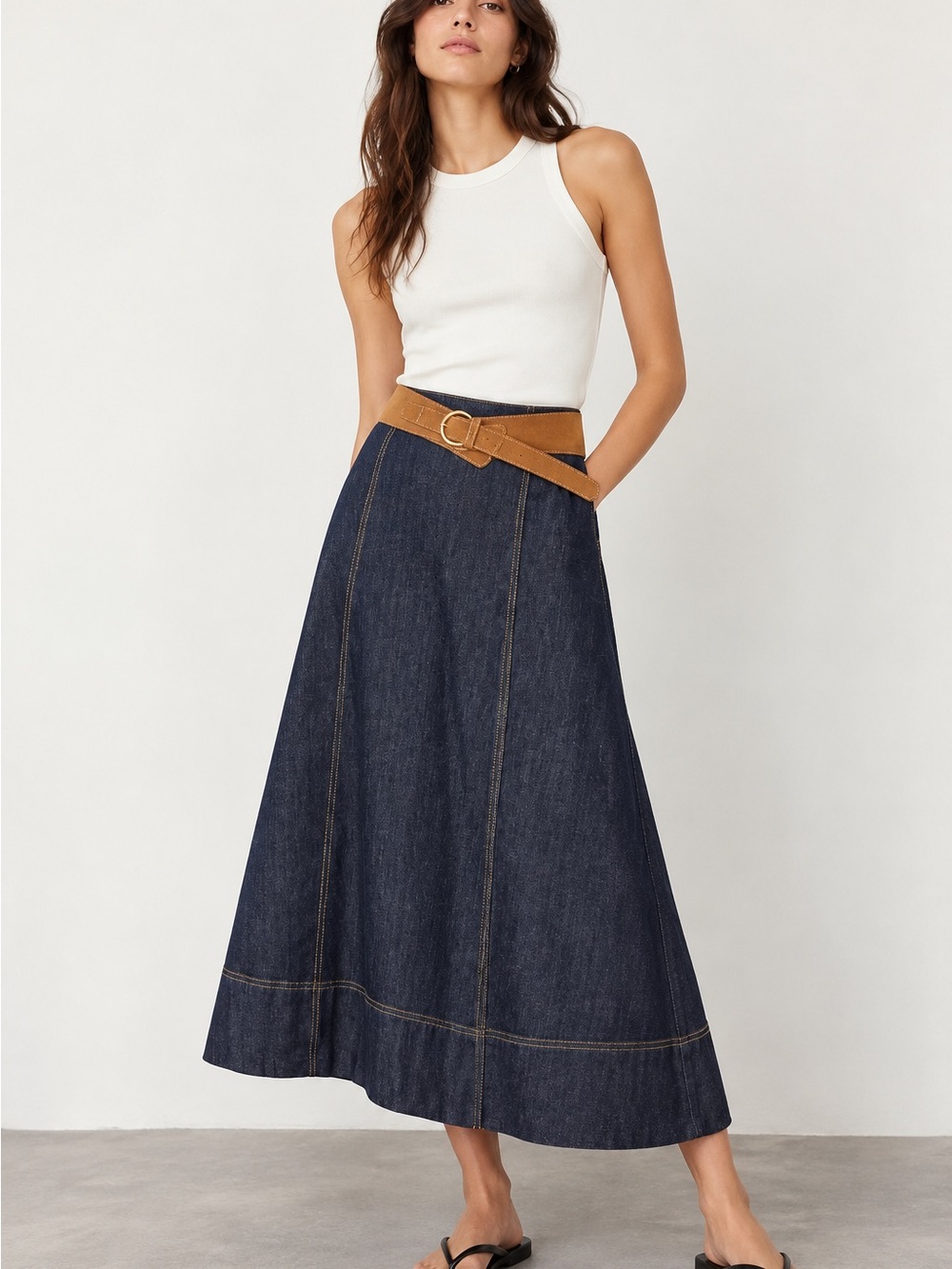 Zara Dark Indigo Denim Maxi Skirt with Tan Belt